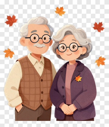Cartoon Elderly Couple With Autumn Leaves PNG
