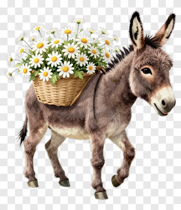 Donkey Carrying A Basket Of Flowers PNG