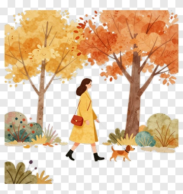 Woman Walking A Dog In An Autumn Park PNG