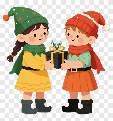 Cartoon Children Holding A Christmas Gift PNG