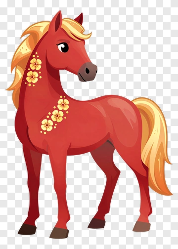 Cartoon Red Horse With Flowers PNG