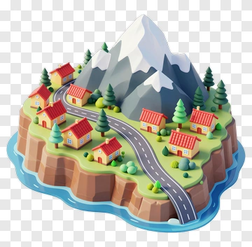 3D Mountain Landscape With Houses And Road PNG