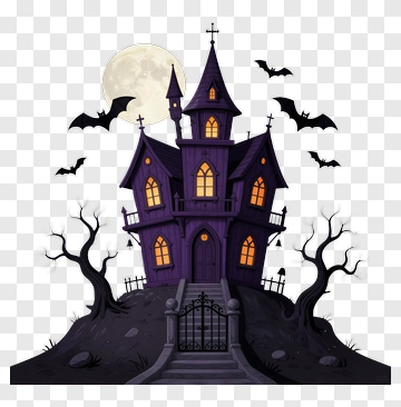 Haunted House With Bats And Moon PNG
