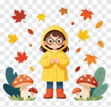 Girl In Yellow Raincoat Surrounded By Autumn Leaves And Mushrooms PNG