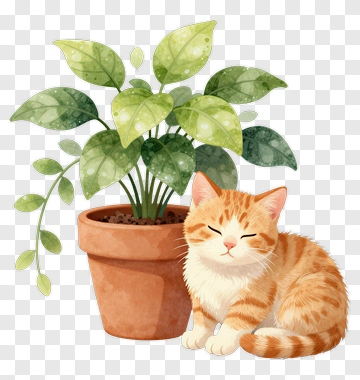 Orange Cat Sitting Beside A Potted Plant PNG