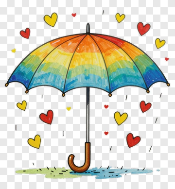 Colorful Umbrella With Hearts And Raindrops PNG