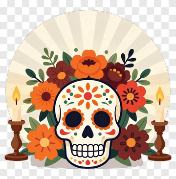 Colorful Sugar Skull With Flowers And Candles PNG
