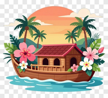 Tropical Houseboat Surrounded By Palm Trees And Flowers PNG