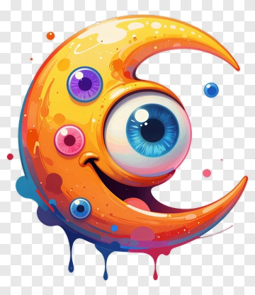 Cartoon Moon Character With Colorful Eyes PNG