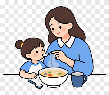 Mother Feeding Child A Bowl Of Soup PNG