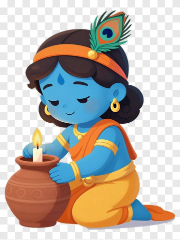 Cartoon Krishna Holding A Pot With A Candle PNG