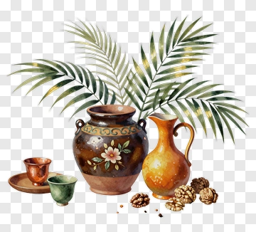 Decorative Pottery With Palm Leaves And Nuts PNG