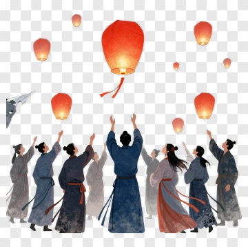 Group Of People Releasing Lanterns At A Festival PNG