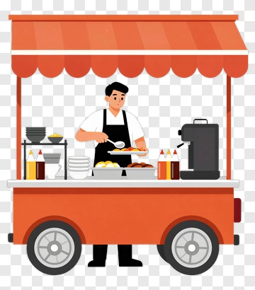Cartoon Food Vendor Serving Meals At Food Cart PNG