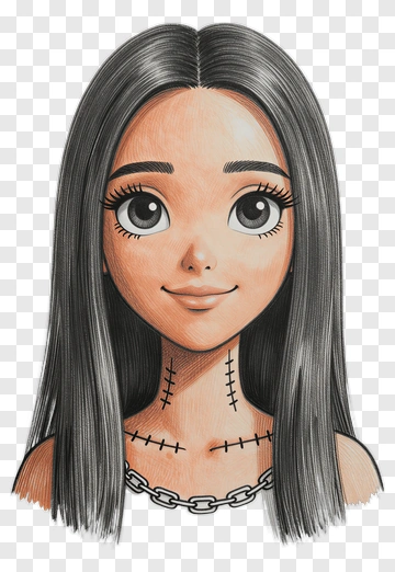 Cartoon Girl With Long Black Hair And Stitches PNG