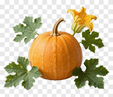 Pumpkin With Leaves And Flower PNG