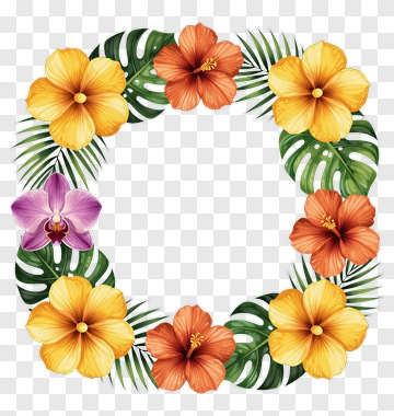 Colorful Floral Wreath With Hibiscus And Orchid Flowers PNG