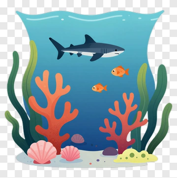 Cartoon Shark Swimming In A Colorful Coral Reef PNG