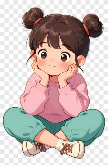 Cartoon Girl Sitting With Hands On Face PNG