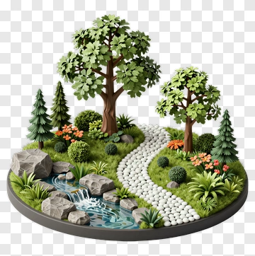 3D Garden Scene With Trees And Stream PNG