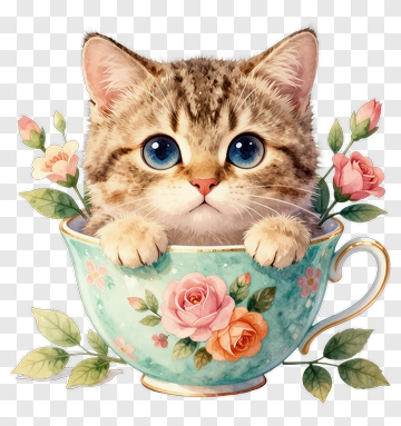 Cute Cat In A Floral Tea Cup PNG