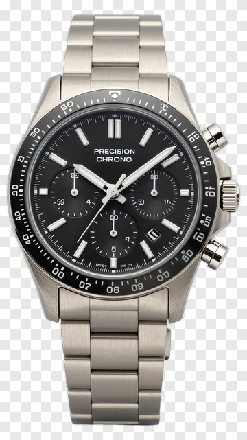 Chronograph Watch With Black Dial And Silver Bracelet PNG