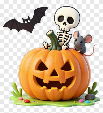 Halloween Pumpkin With Skeleton And Bat PNG