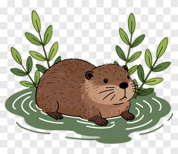 Cartoon Otter In A Pond With Green Leaves PNG