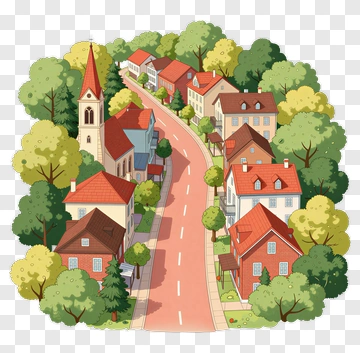 Colorful Village Road With Houses And Trees PNG