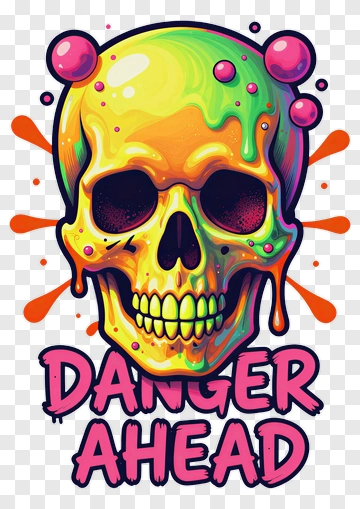 Colorful Skull With Danger Ahead Text PNG