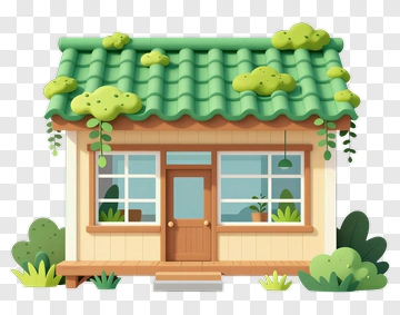 Cartoon House With Green Roof And Plants PNG