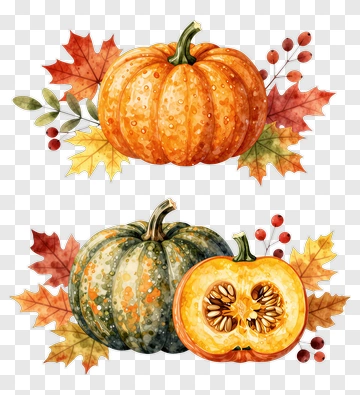 Colorful Pumpkins With Autumn Leaves PNG