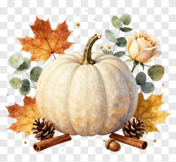 White Pumpkin Surrounded By Autumn Leaves And Flowers PNG