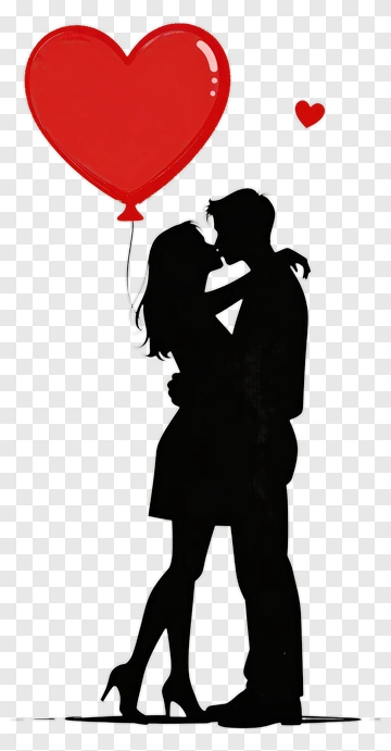 Silhouette Couple Kissing With Heart Balloon PNG