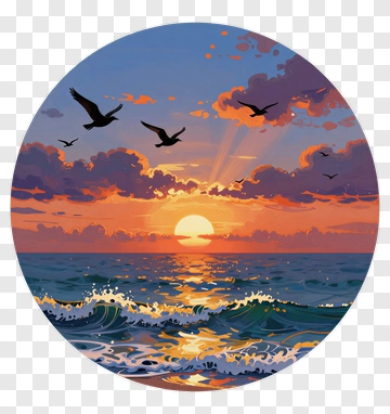 Sunset Over The Ocean With Flying Birds PNG