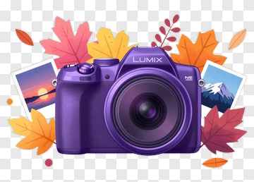 Purple Camera Surrounded By Autumn Leaves And Photos PNG
