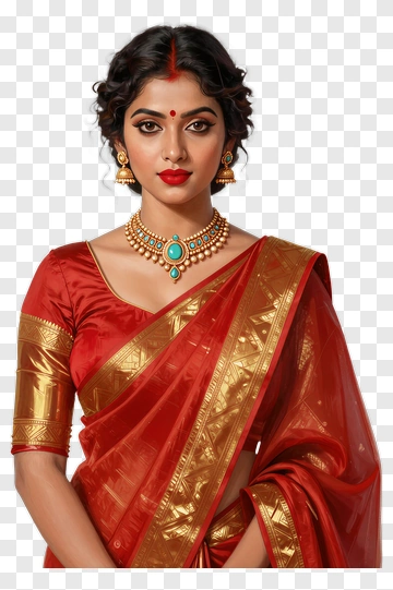 Woman In Traditional Red Saree With Jewelry PNG