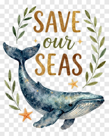 Watercolor Whale With Save Our Seas Text PNG