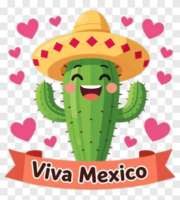 Cartoon Cactus Wearing A Sombrero With Hearts PNG