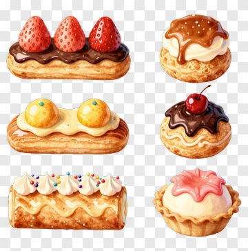 Colorful Pastries With Cream And Fruit Toppings PNG