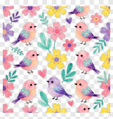 Colorful Birds And Flowers Pattern PNG
