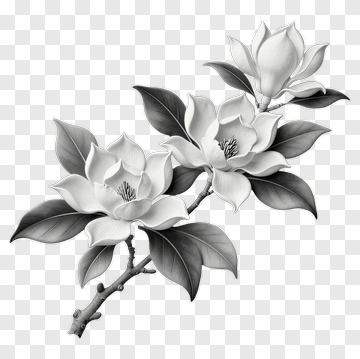 Black And White Magnolia Flower Branch PNG