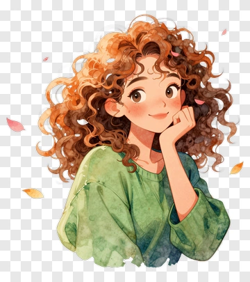 Smiling Girl With Curly Hair In A Green Sweater PNG