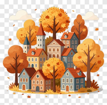Colorful Autumn Village With Trees PNG