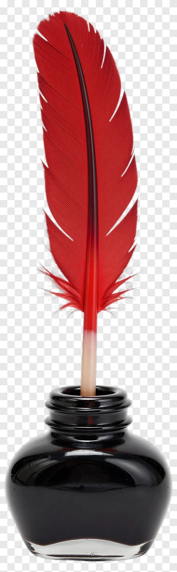 Red Feather Quill Pen In Black Ink Bottle PNG