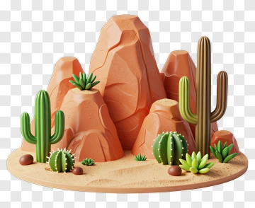 3D Desert Landscape With Cacti And Rocks PNG