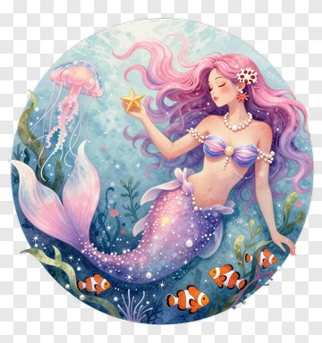 Cartoon Mermaid Holding A Starfish PNG