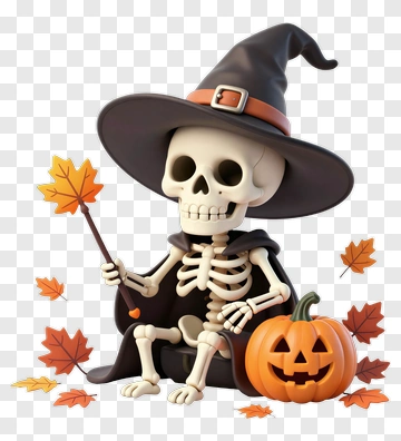 Cartoon Skeleton Holding A Leaf Next To A Halloween Pumpkin PNG