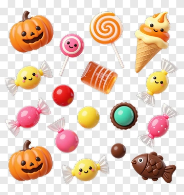 Colorful Candy Collection With Halloween Pumpkins PNG
