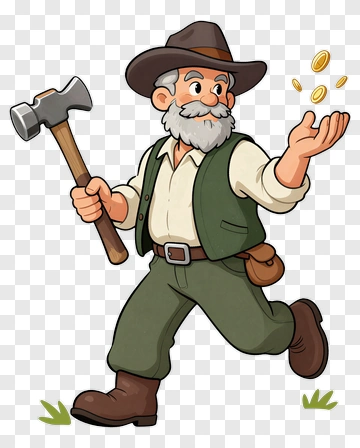 Cartoon Miner Holding A Pickaxe And Gold Coins PNG